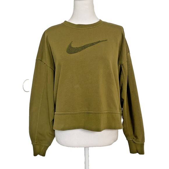 Nike Dri-FIT Women sweatshirt Medium Swoosh Training Crew Pullover Cropped Green - Picture 1 of 10